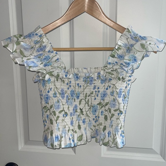 HILL HOUSE HOME Paz Cotton Poplin Floral Peony Bouquet Print Nap Top Blue Green - Picture 4 of 7